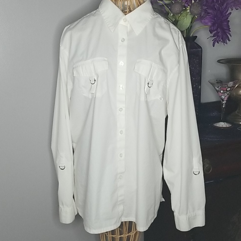 C.J. Banks by Christopher & Banks Long Sleeve Button Down Large White Shirt